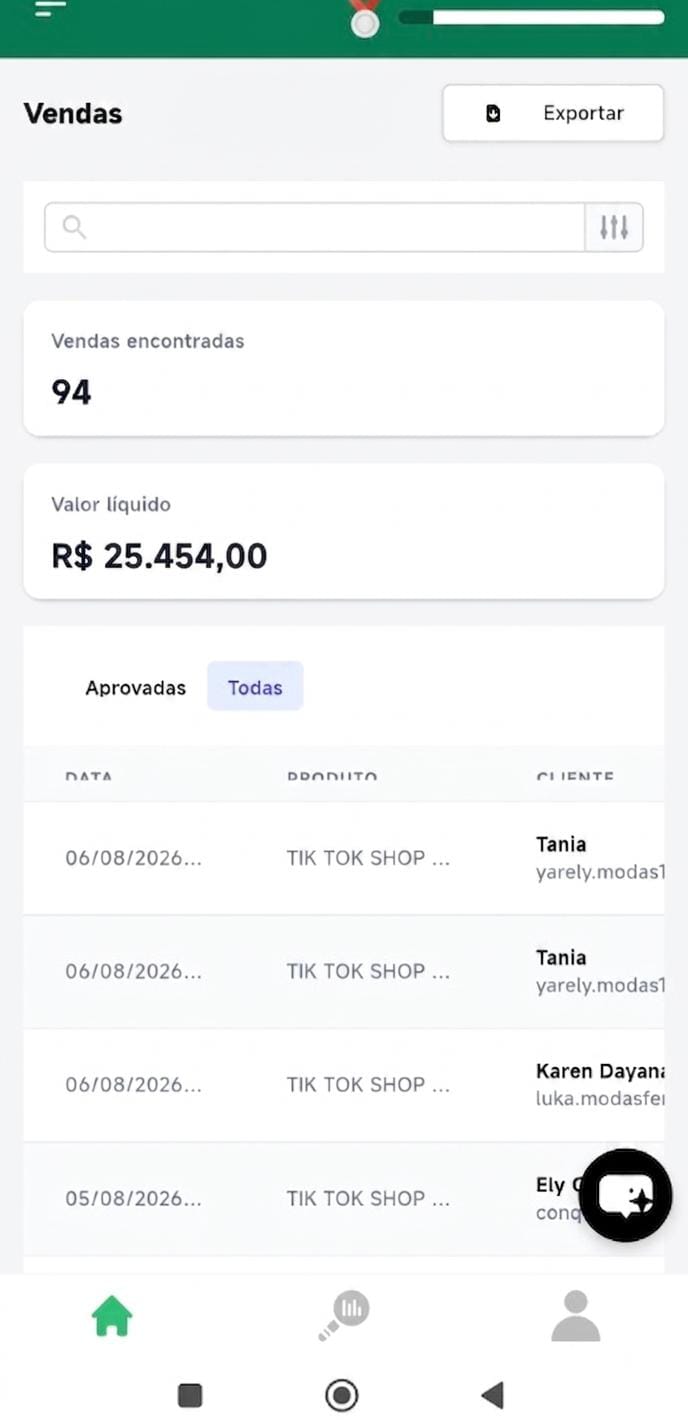 Panel de Kiwify mostrando 94 ventas y R$ 25.454 de valor líquido